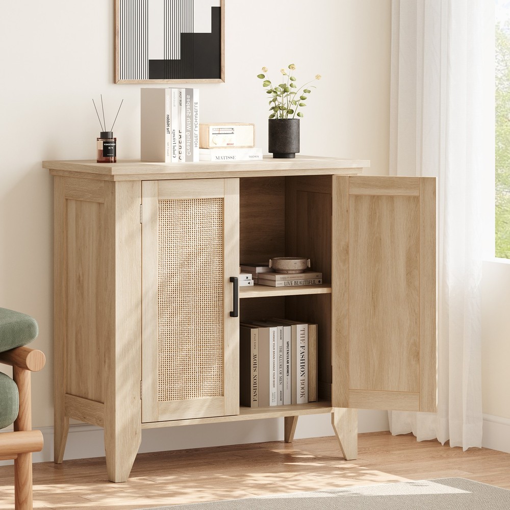 Buffet Cabinet for Storage, Kitchen Sideboard With Rattan Doors Adjustable Shelf