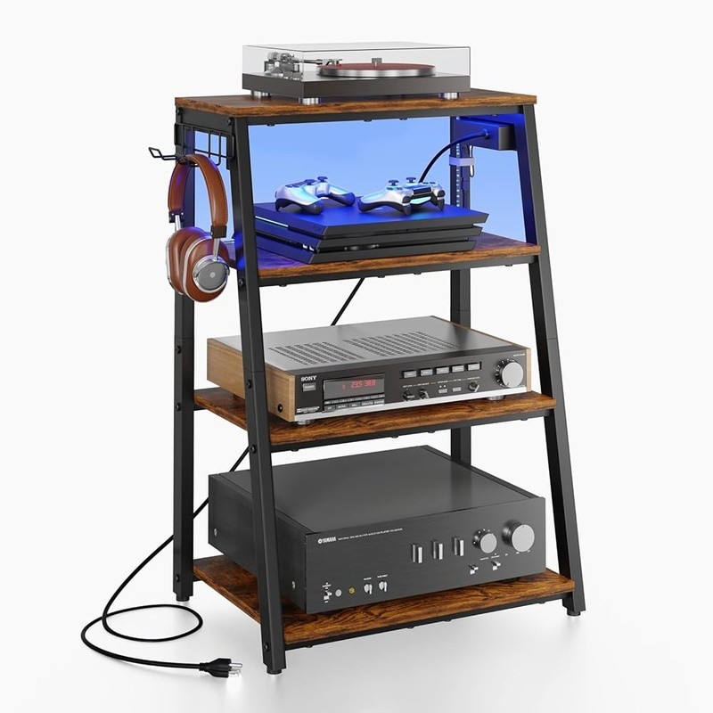 Audio Rack Stand USB Ports Adjustable Shelves LED Light Storage Solution