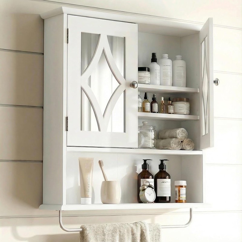Multi-Functional Wall Mounted Cabinet W/ Towel Rack & Mirror Doors Storage New