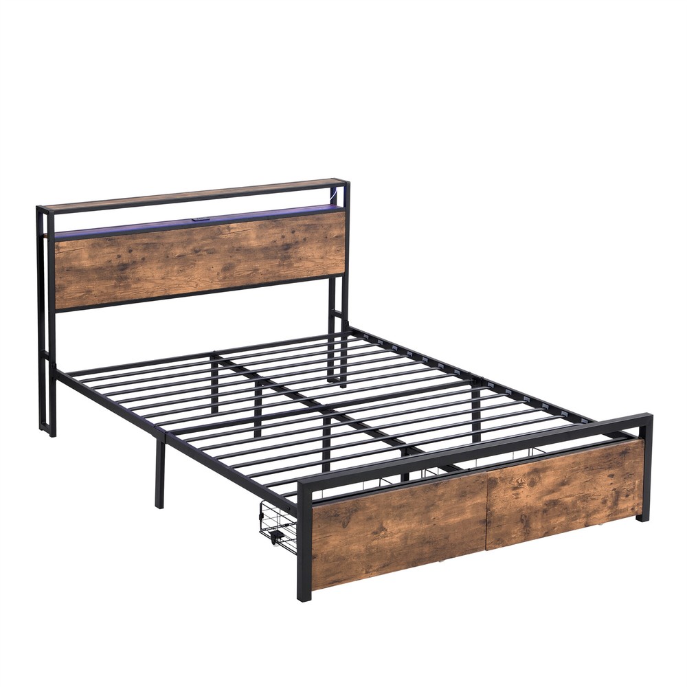 Full Size LED Bed Frame with Storage Headboard & 2 Drawers Metal Platform Bed