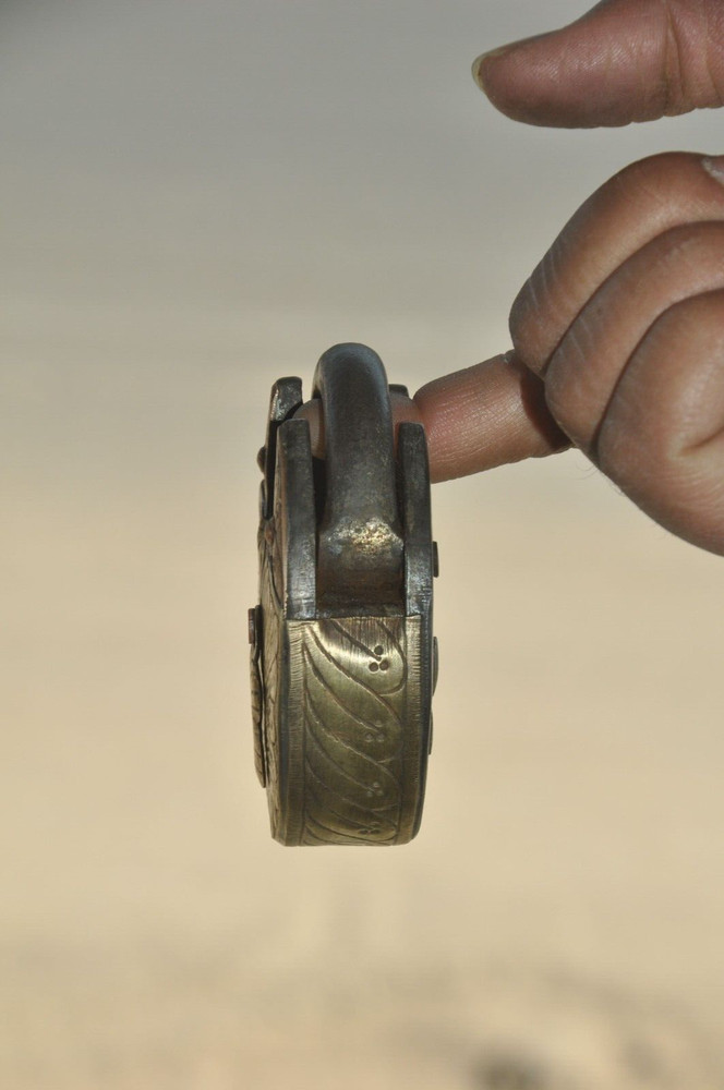 Vintage Iron Round Engraved Handcrafted Brass Fitted Solid Padlock