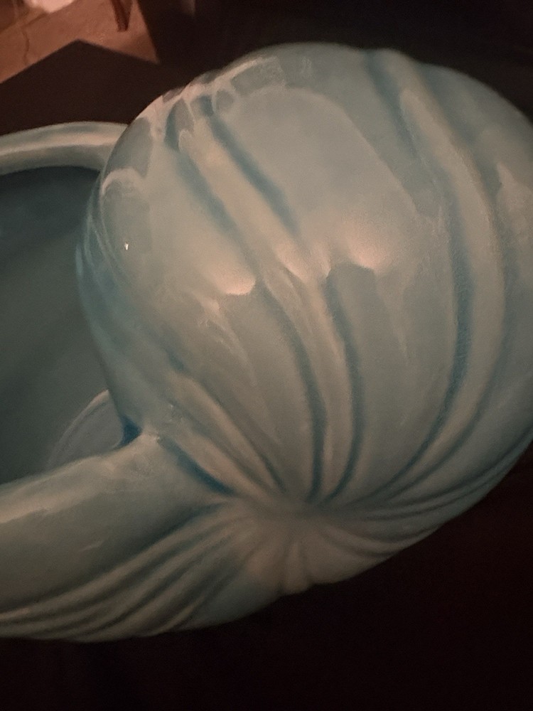 Blue Ceramic Seashell Planter Glossy Pottery 10" x 7" x 6" Solid Color