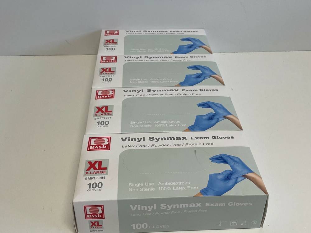 N3: 4 Boxes - 100 each box -  Basic Vinyl Synmax Exam Gloves  XL BMPF3004