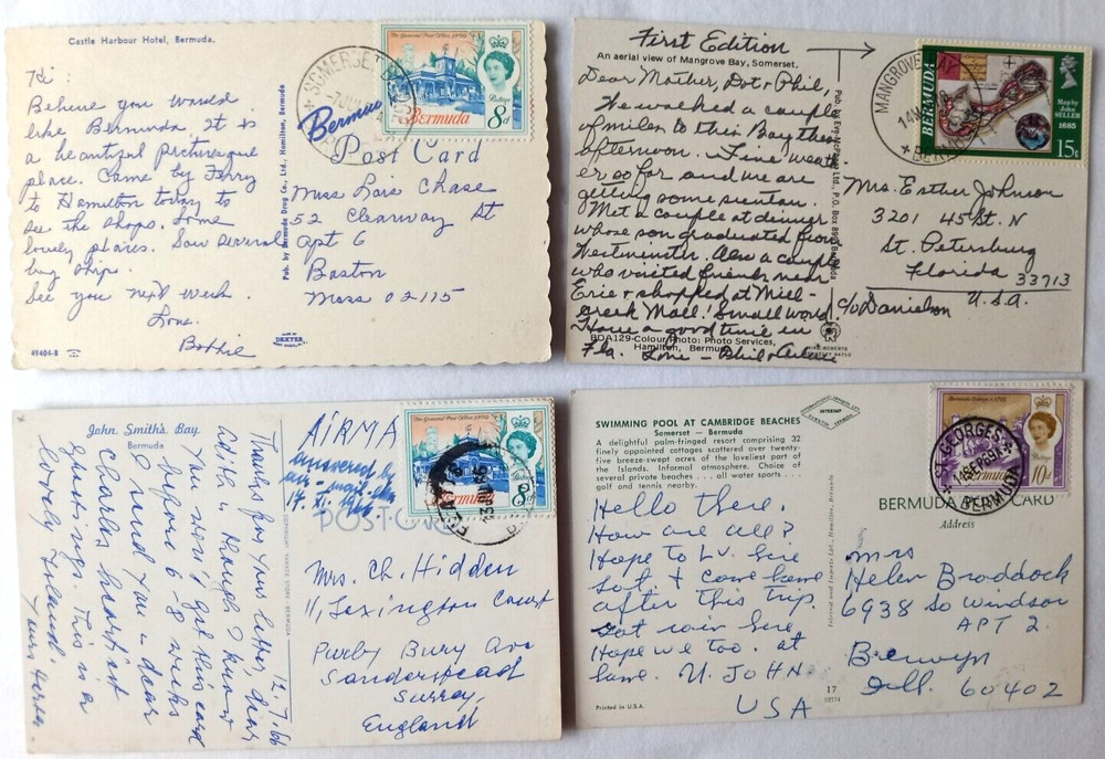 BERMUDA 1960s - 1970s FIVE POST CARDS FOR POSTMARKS + 1 FIRST FLIGHT COVER