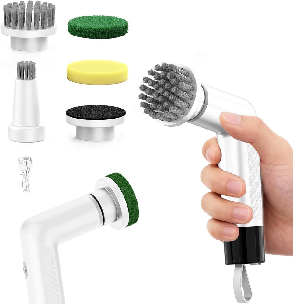 Electric Dish Scrubber, Mini Cordless Kitchen Cleaning Brush with 4 Replaceable