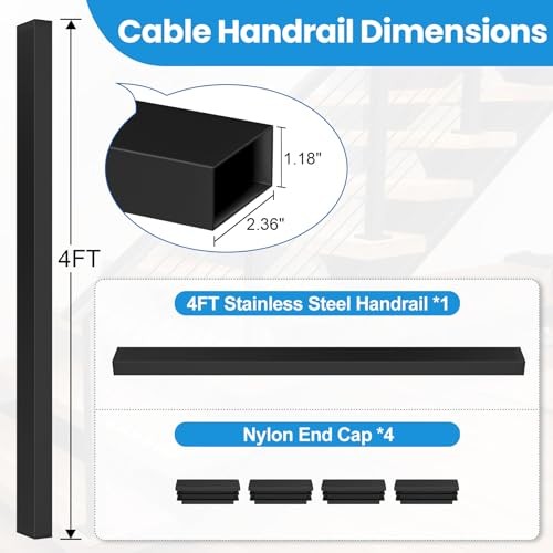 4' Rectangular Cable Railing Handrail, Black Stainless Steel Handrail with
