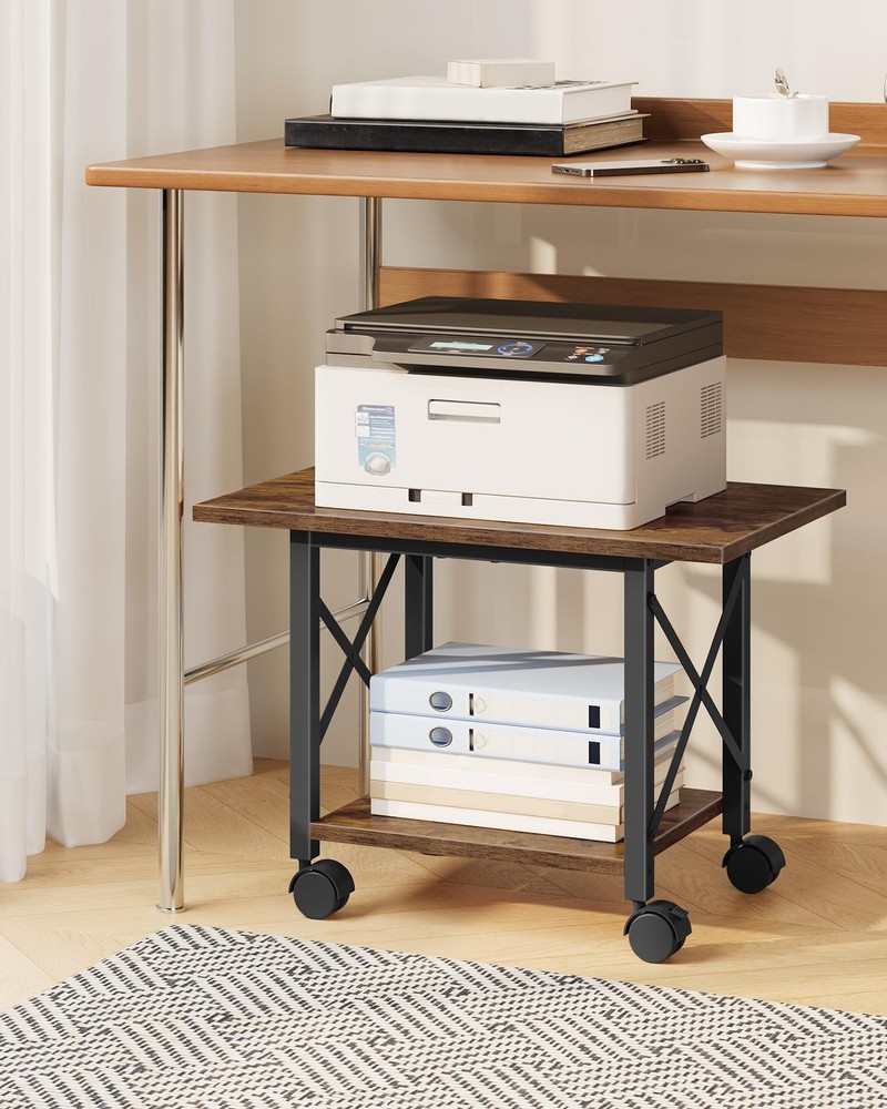 23.6" Rustic Brown 2Tier Under Desk Printer Stand Table Wheels Feet TPS01B