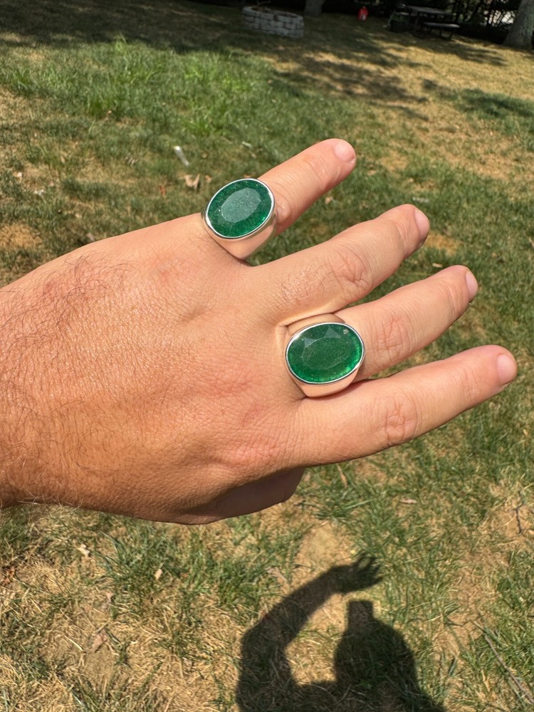 Large 18ct Genuine Emerald Gemstone Mens Real Solid 925 Silver Oval Signet Ring