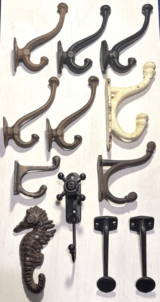 Vintage Antique 12 Assorted Coat, Hat & Specialty Hooks, Cast Iron Primarily
