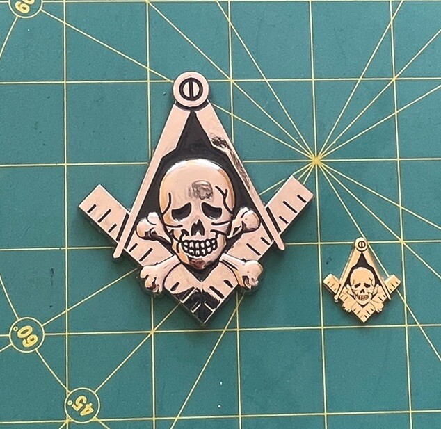 Masonic Master Mason Silver Skull Car Emblem, & Mini Emblem Gold