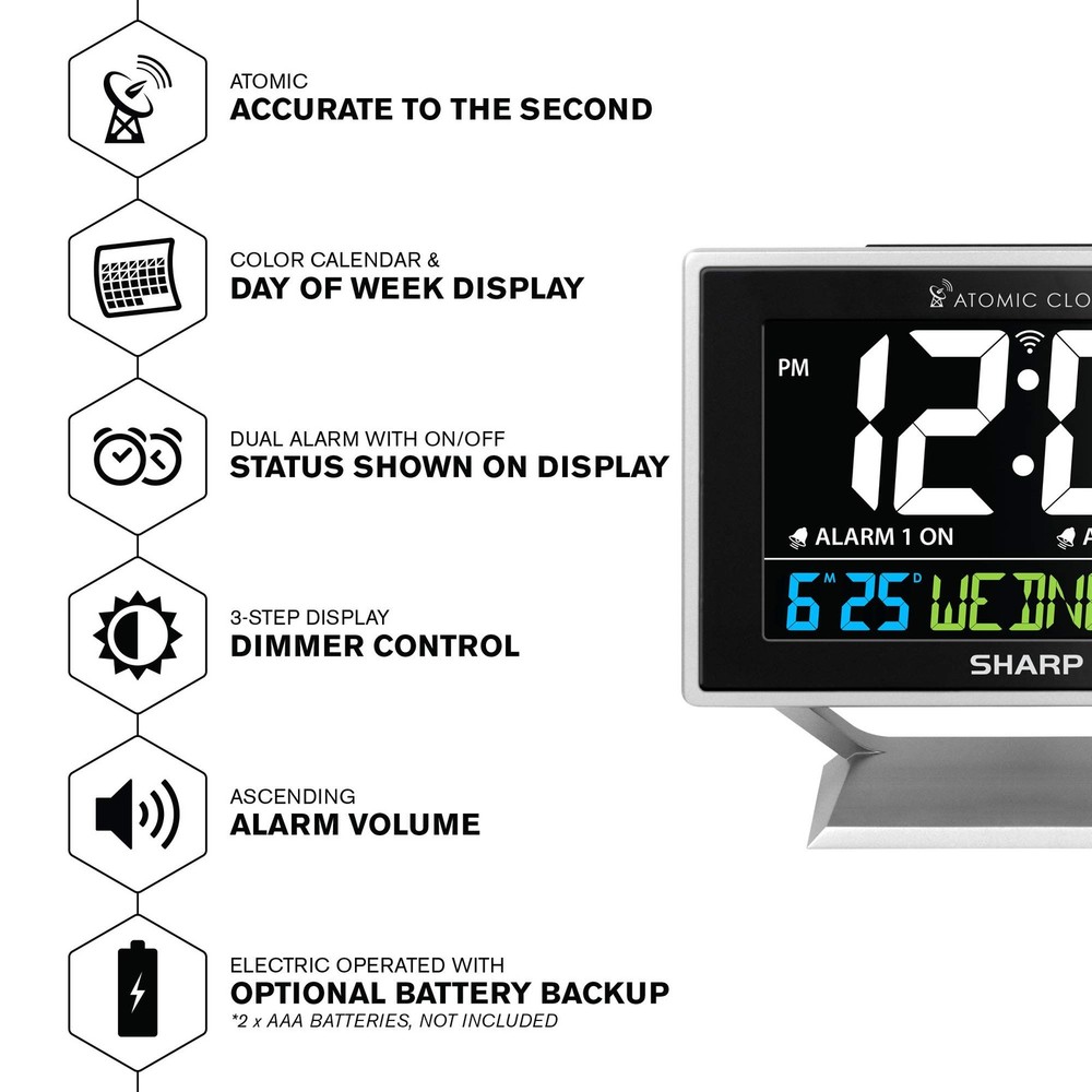 Sharp Desktop Dual Alarm Clock with Color Display - Atomic Small, Silver