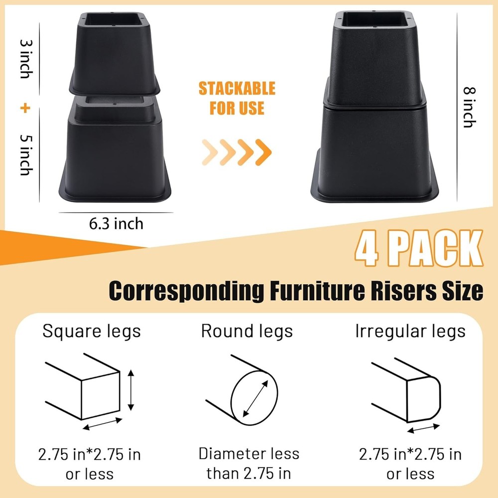 8-Inch Stackable Furniture Risers - 4-Pack for Under-Bed Storage & Organization