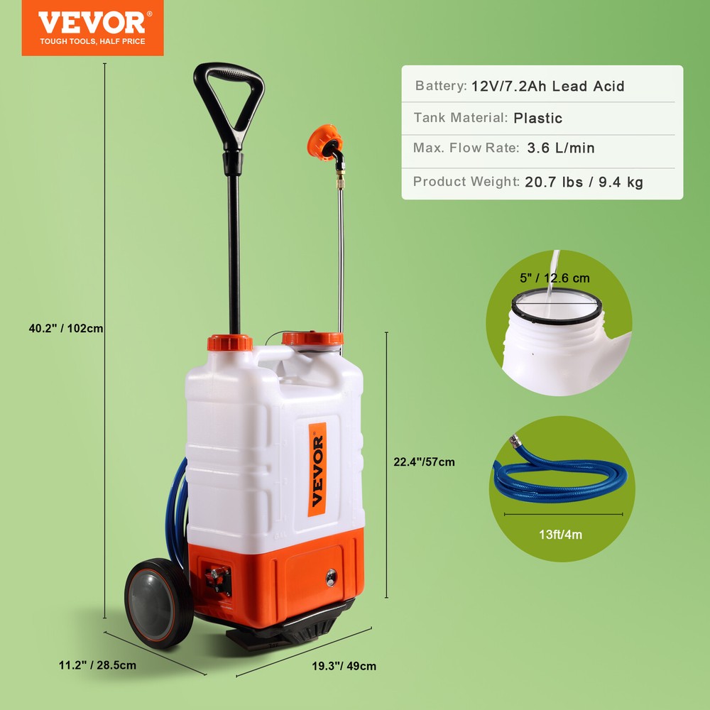 VEVOR Battery Powered Backpack Sprayer with Wheel 4 Gal Tank 0-94 PSI Adjustable