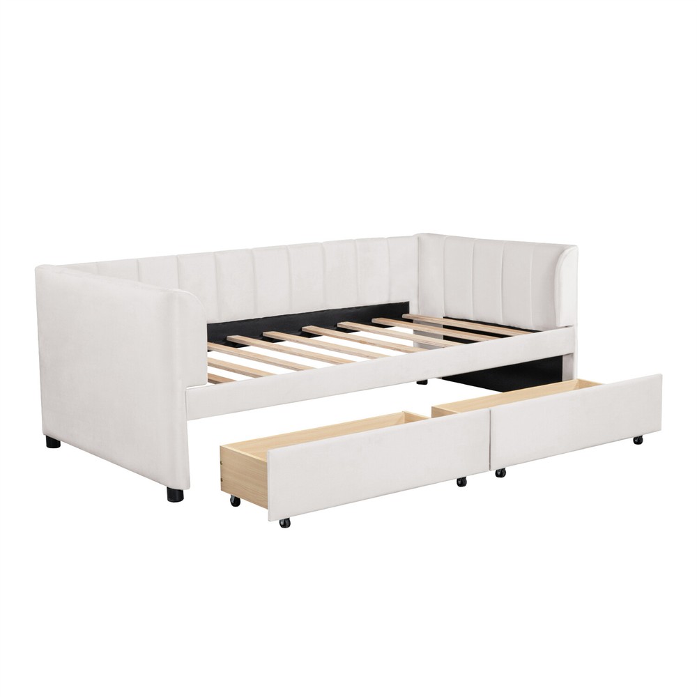 Twin Size Daybed Upholstered Bed Frame Sofa Bed with 2 Storage Drawer Beige/Gray
