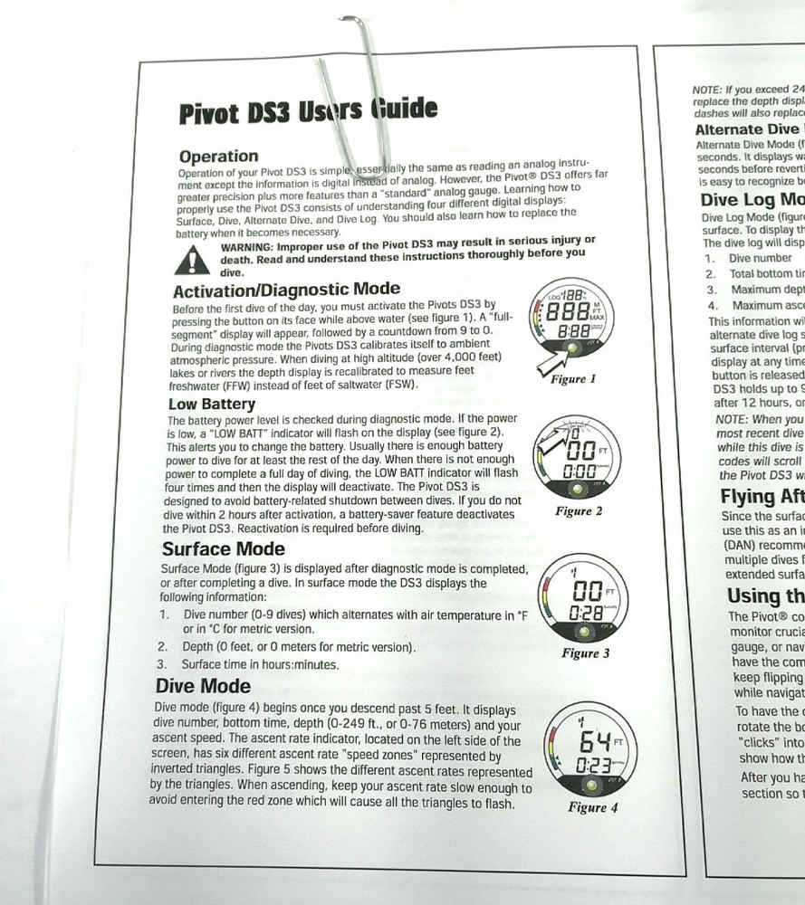 Printed Manual Aqua Lung US Divers Pivot DS3 Bottom Timer Scuba Dive Computer