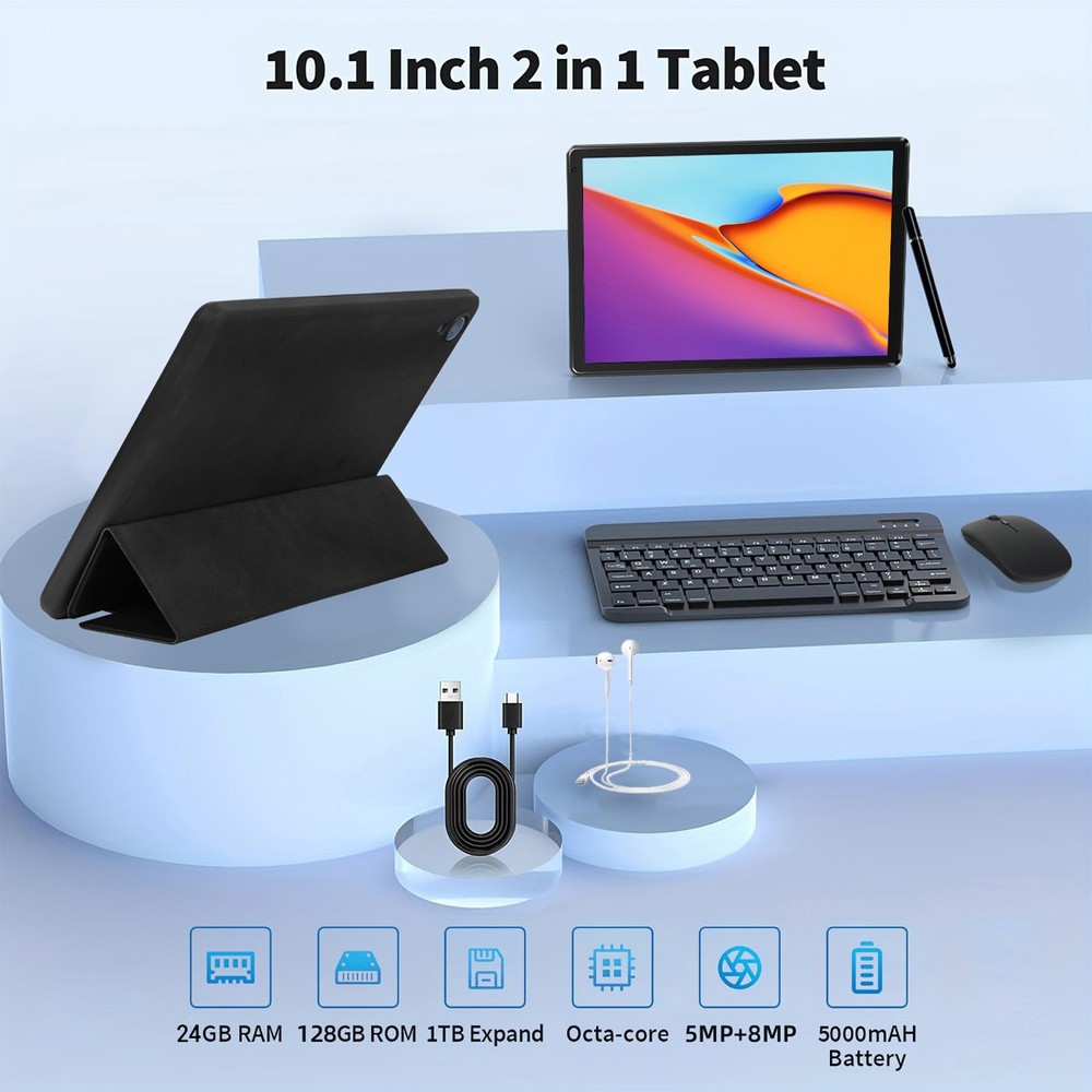 10.1 inch Android 15 Tablets LCD HD Touchscreen Octa-Core 24+128GB Dual Camera