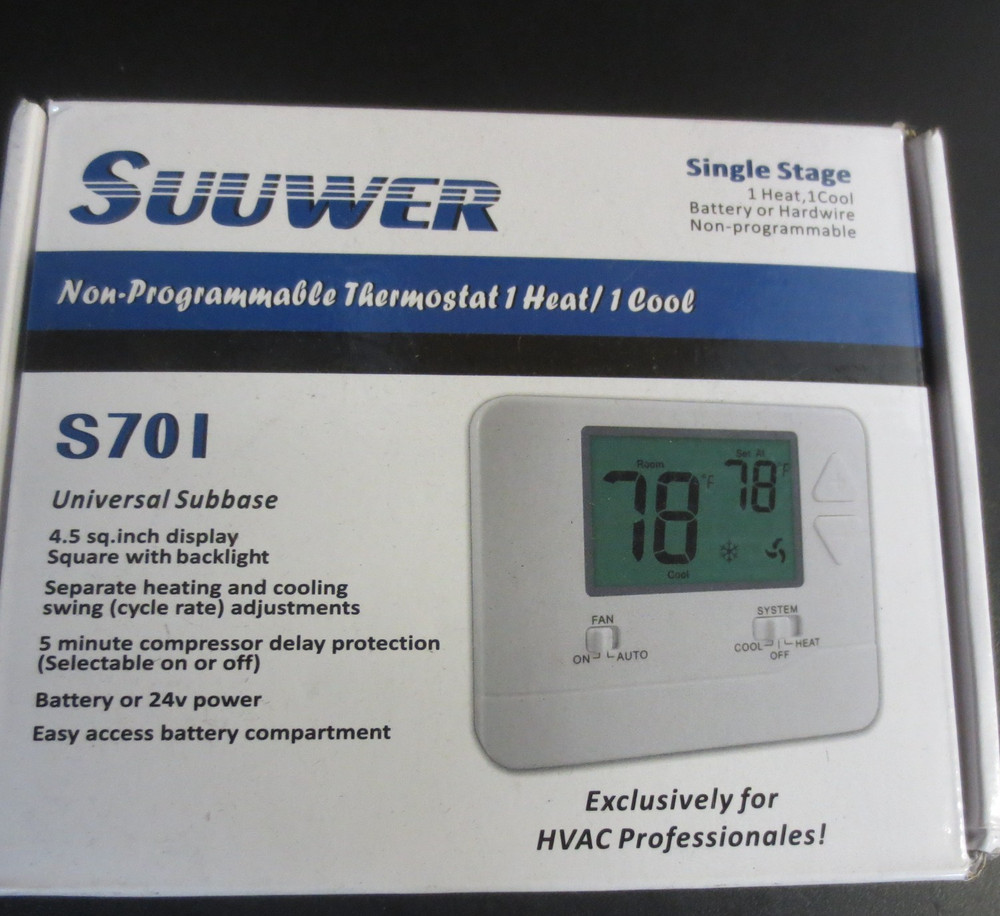 SUUWER S701 Non-Programmable Thermostat Single Stage Heat/Cool-Universal Subbase
