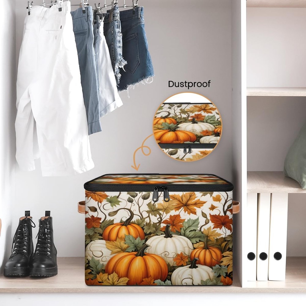Fall Pumpkin Storage Bins with Lids, Maple Leaf Fabric Storage Boxes with Zip...