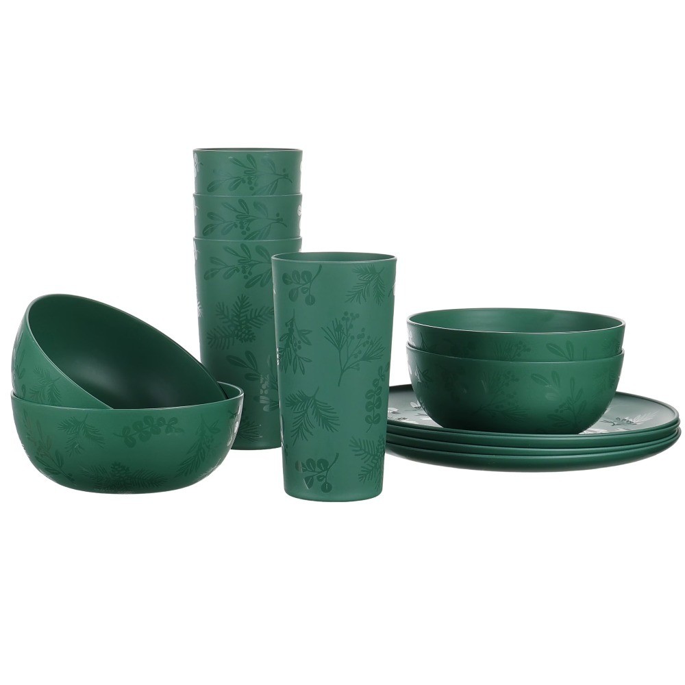 Plastic Etched Holly Pattern 12-Piece Dinnerware Set in Green