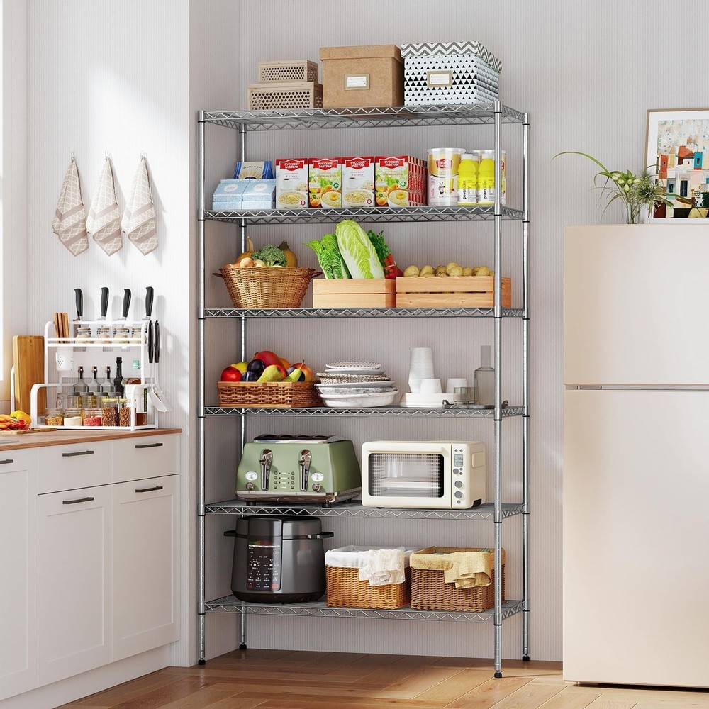 Chrome Wire Storage Shelf - 6 Tiers, Adjustable & Mobile, Ideal for Garage