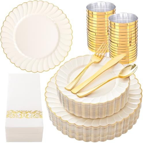 Scalloped Plastic Plates - Gold Disposable Dinnerware Set Include 175PCS Ivory