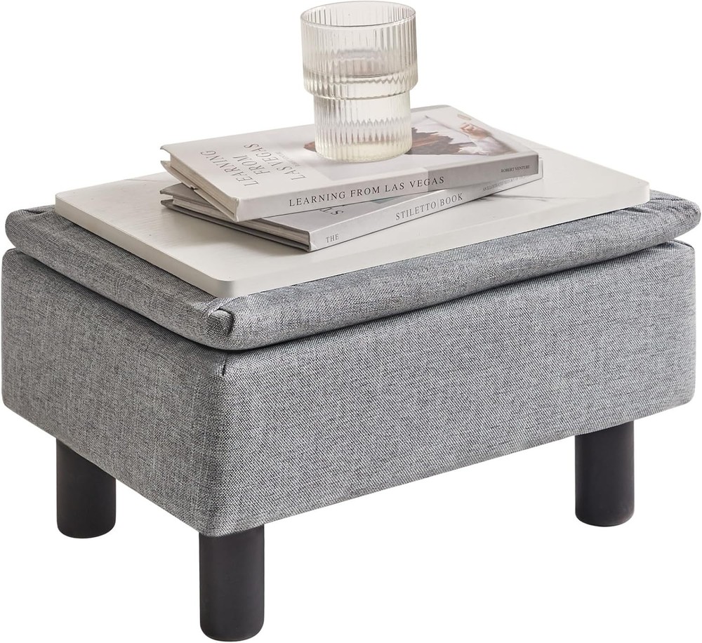 Storage Ottoman Footrest Stool with Linen Fabric, Rectangular, Flip Top Lid, ...