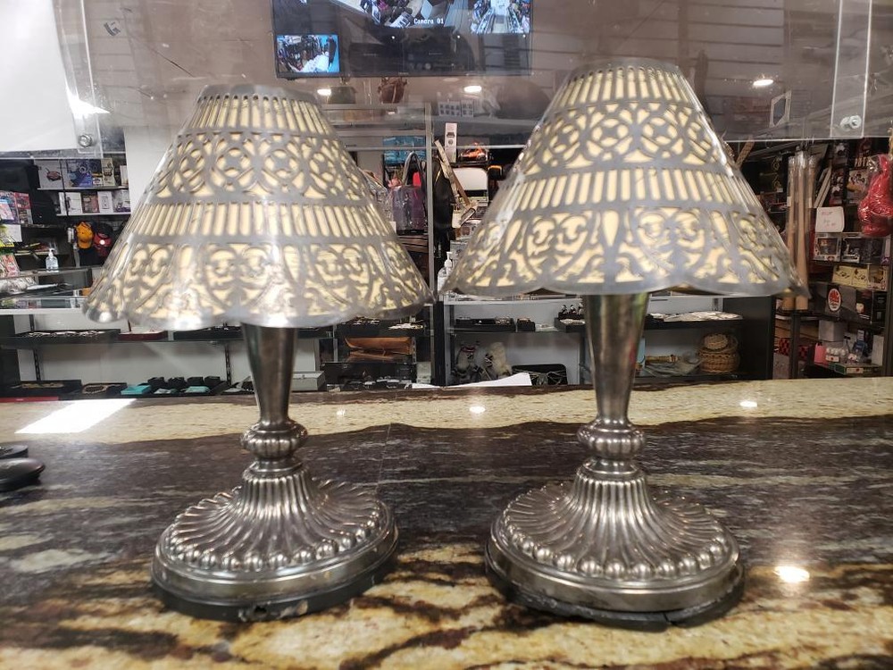 VINTAGE GORHAM CO STERLING SILVER CANDLESTICKS LIGHT LAMP & SHADE SET /  (660-2)