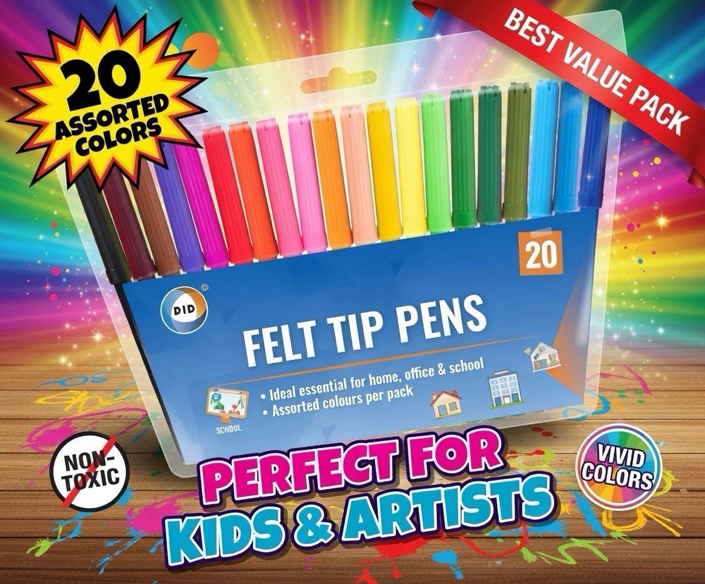 DID Felt Tip Pens 20 Pack Assorted Colours Writing Drawing Office School