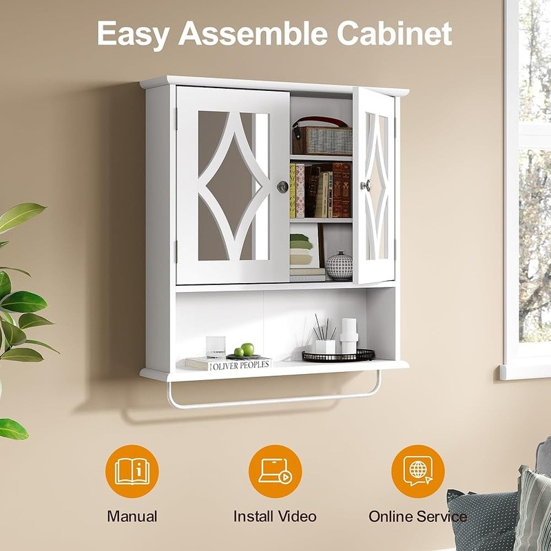 Multi-Functional Wall Mounted Cabinet W/ Towel Rack & Mirror Doors Storage New