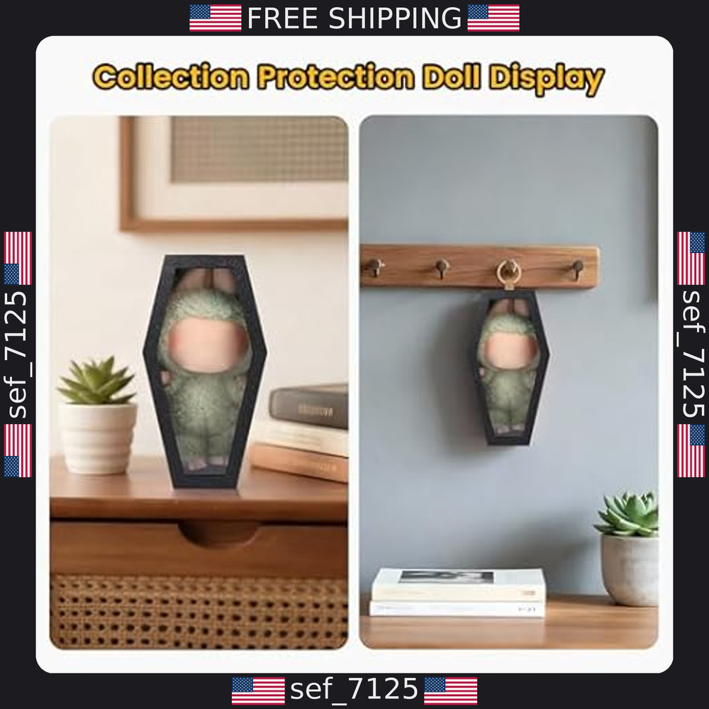 Coffin Shaped Doll Display Case with Keychain - Portable & Dustproof, Black