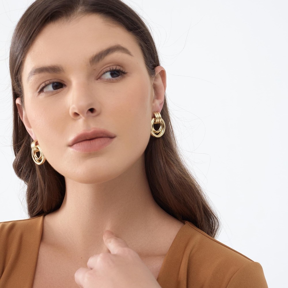 Gold-Plated Chunky Earrings, Knot Link Circle Drop Dangle Statement Studs for...