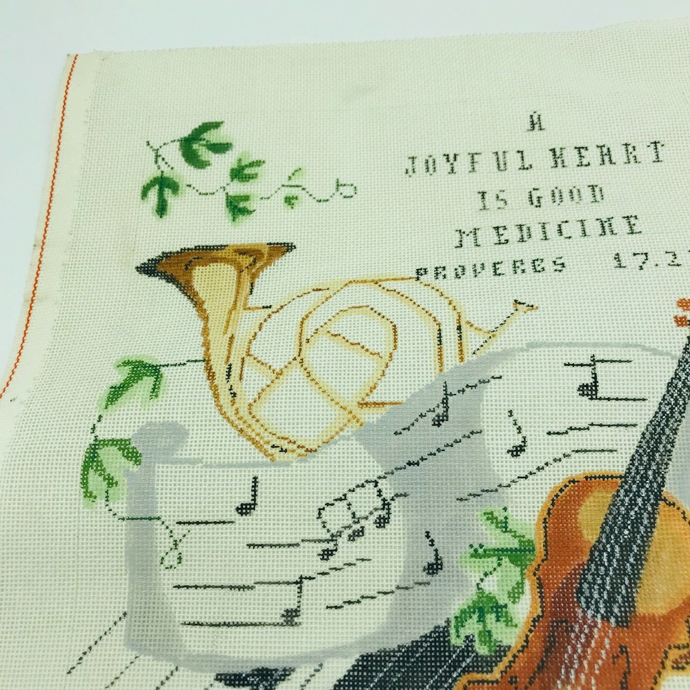 Hand Painted Needlepoint Musical Instruments Notes Music Proverbs 17 22 Pillow