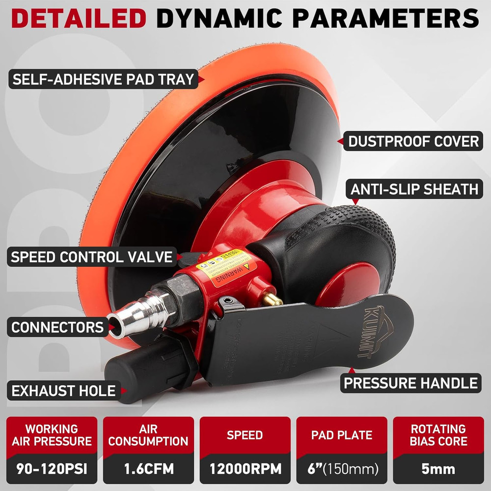 Professional 6" Dual Action Random Orbit Air Sander, Pneumatic Palm Sander, Low