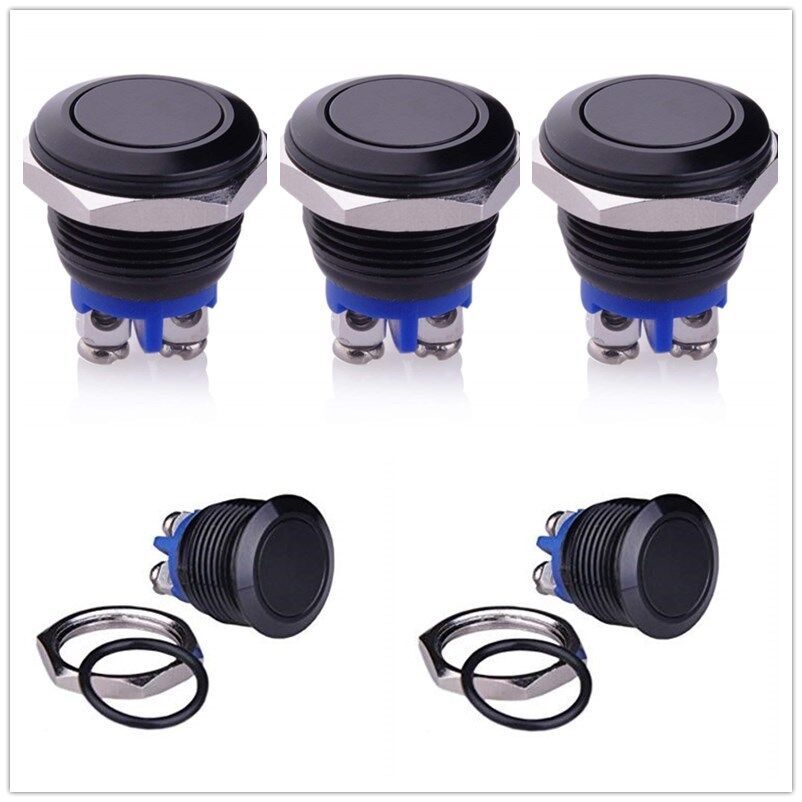 Black 16mm Momentary Push Button Starter Switch Stainless Steel Metal