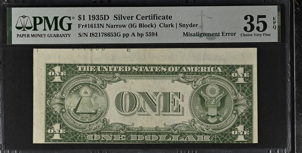 PMG35 EPQ 1935D 1$ MISALIGNMENT ERROR ON BACK 2961A