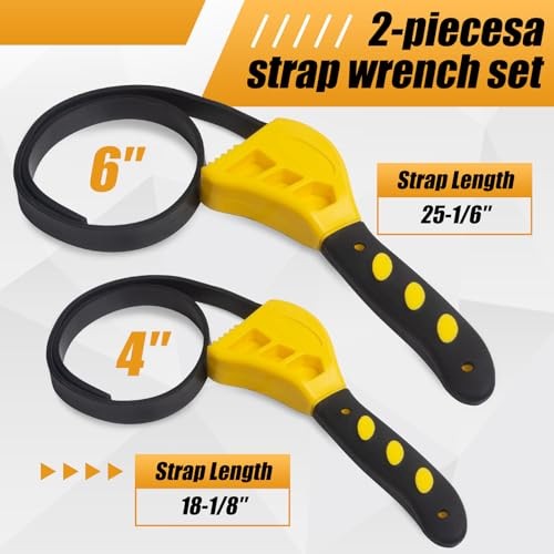 Strap Wrench Set, 2 Pack Adjustable up to 4" and 6" in Diameter, Rubber Strap