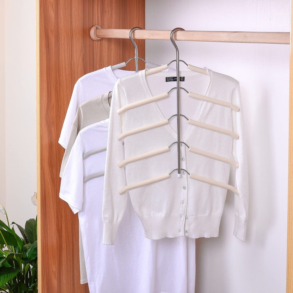 Space Saving Clothes Hangers 5 in 1 Chrome Foam Multi Layer White 3 Pack