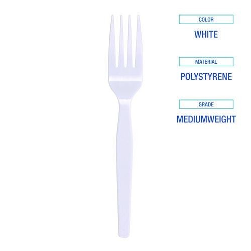 Boardwalk Mediumweight Polystyrene Cutlery, Fork, Plastic, White, 100/Box, 10/CT