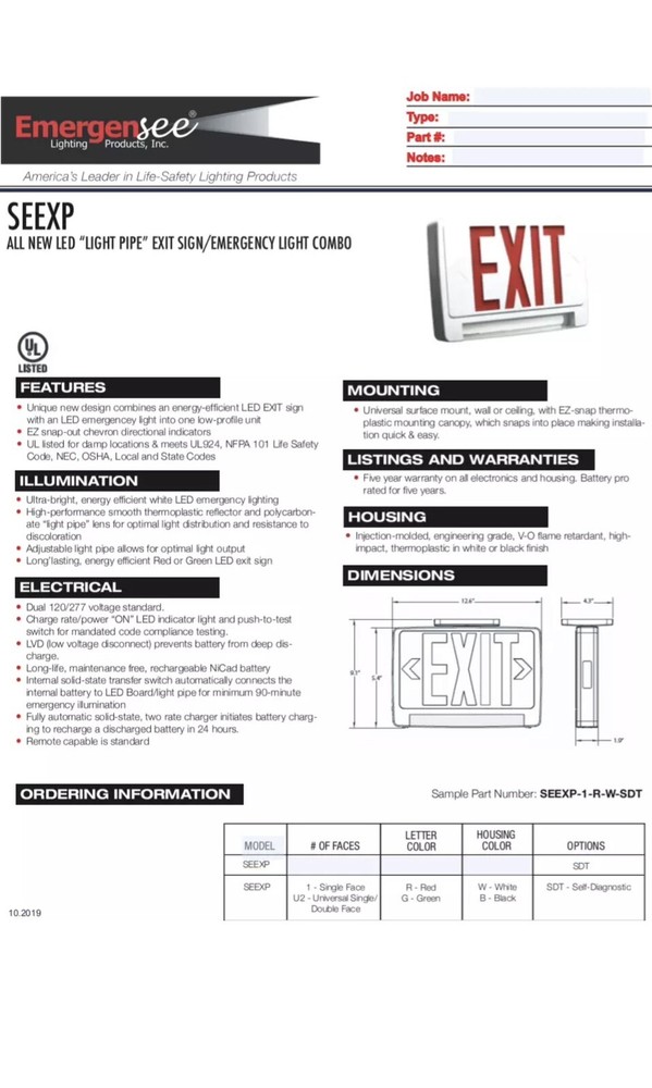 EMERGENSEE LIGHTING LED EXIT SIGN RED LETTER EM LIGHT - 2 SIDED-NEW