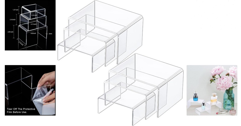Clear Acrylic Display Risers - 2 Small Sets with 3 Sizes for Organized Showcases