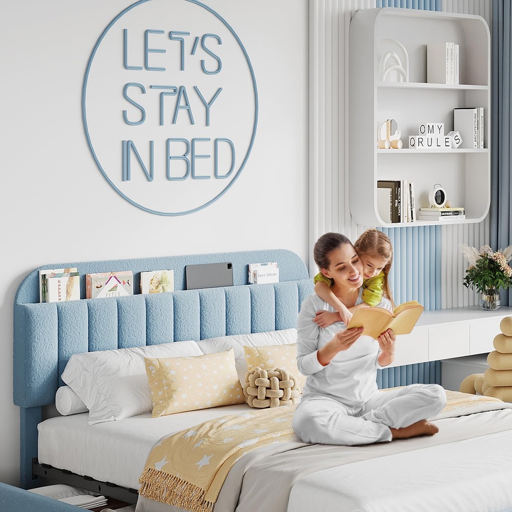 Full Bed Frame Headboard Kids Boucle Upholstered Platform Bed Frame w/ 2 Drawers