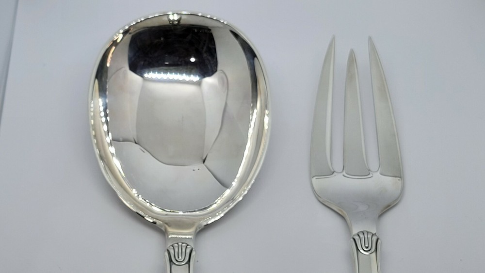 Hans Hansen Danish Solid Sterling Salad Serving Set, Spoon & Fork, 9", 202 grams