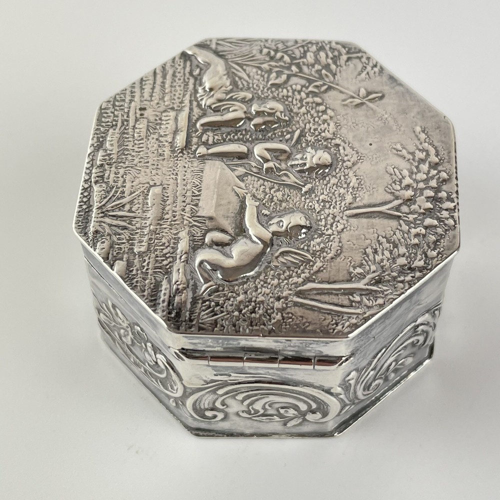 Antique Solid Silver & Gilt Trinket Box Cupid & Cherub Embossed 1899 John Smith