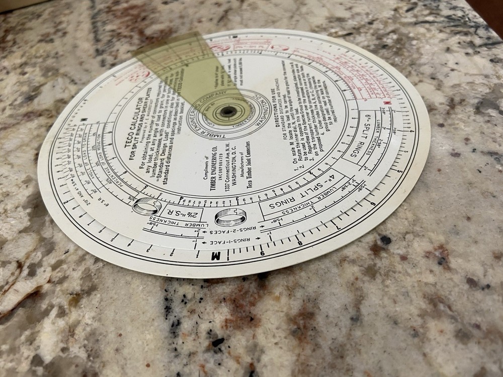 Timber Engineering Co. Teco Calculator - Split Rings Shear Plates - Slide Rule