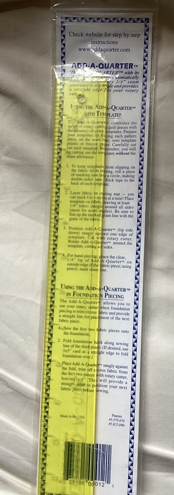 Add-A-Quarter™ - 12" Ruler - 1/4" Lip - Simplifies Foundation & Template Piecing