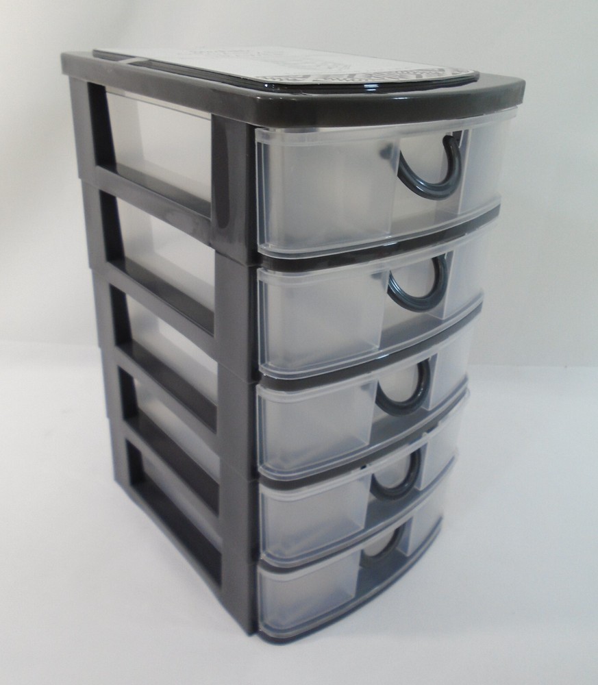5 Drawer Mini Storage Stackable Desktop Organizer Unit Black / Clear Plastic