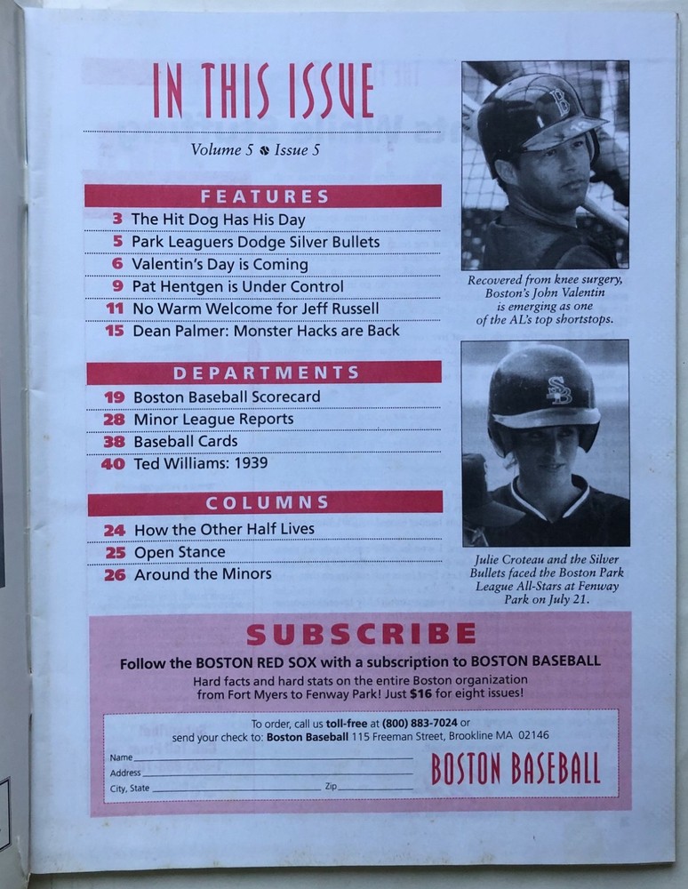 1994 August Boston Baseball Magazine/Program, Blue Jays Series Insert and Ticket