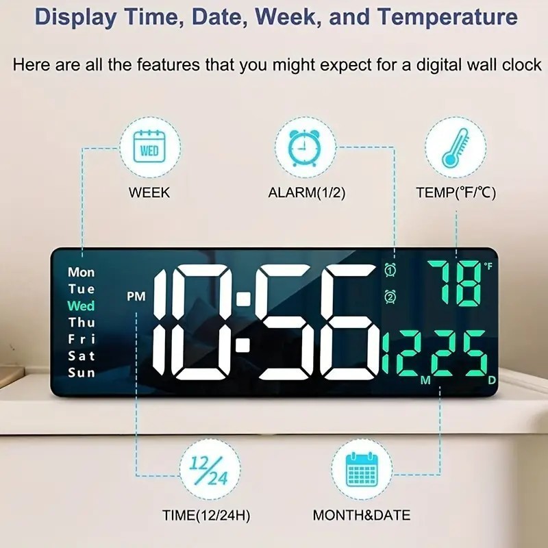 16" Large Digital Wall Mount LED Clock Count Down Timer Brightness Adjustment US
