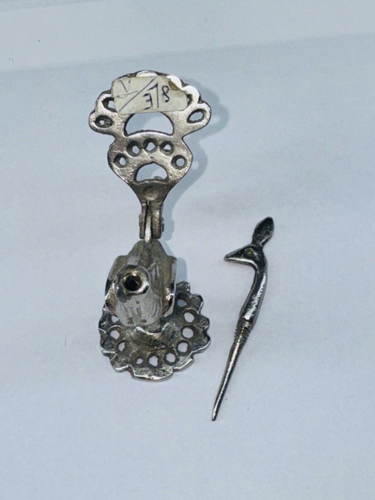 Unique Antique Vintage Solid Silver Brass Kohl Empty Flask Peacock Bird Figure
