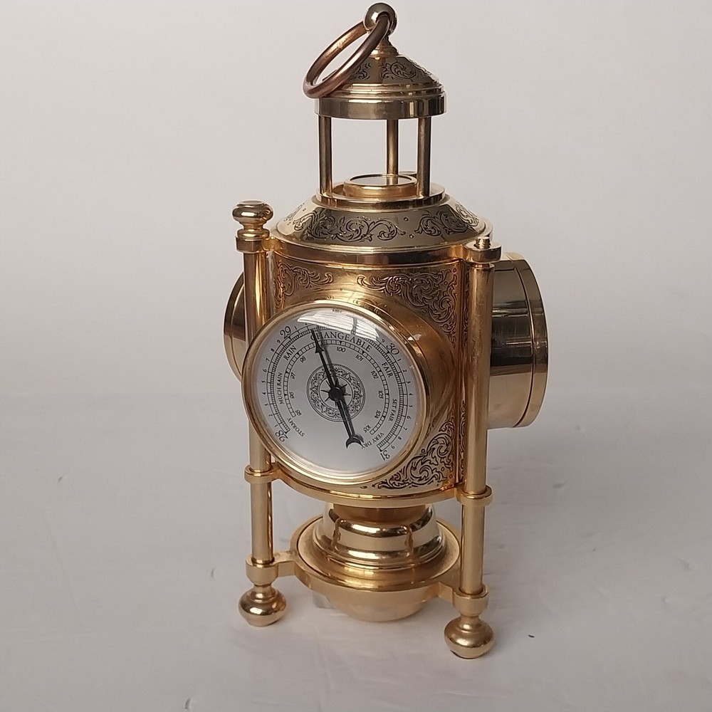 NAUTICAL 3-SIDED BRASS - CLOCK, BAROMETER, THERMOMETER & COMPASS WORKING